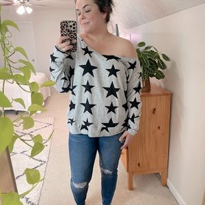 Cozy Knit Off The Shoulder Gray and Black Star Top, Size XXL